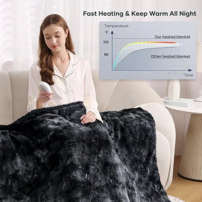 Heated Blanket Electric Throw 50" X 60", Soft Faux Fur & Shu Velvet Heated Throw Blanket, 6 Heating Levels, 4 Hours Timer, Tie-Dye off Black