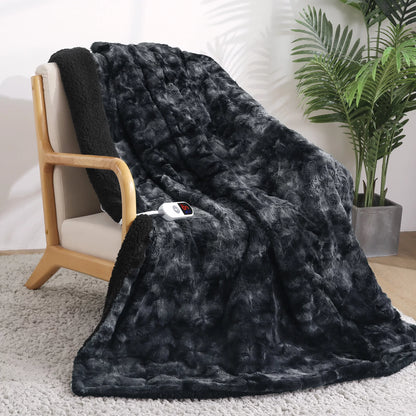 Heated Blanket Electric Throw 50" X 60", Soft Faux Fur & Shu Velvet Heated Throw Blanket, 6 Heating Levels, 4 Hours Timer, Tie-Dye off Black