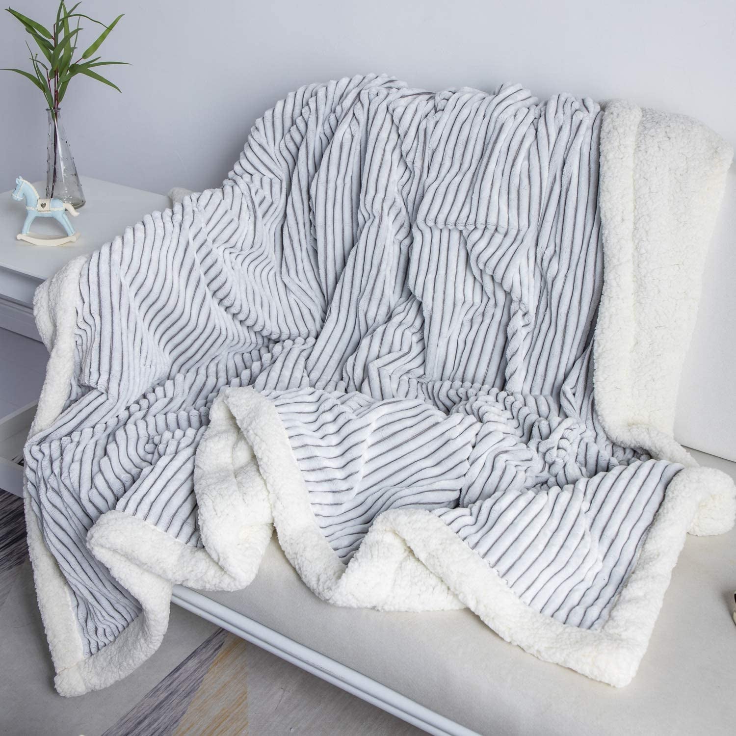 Sherpa Blanket Fleece Throw – 51X63, Grey & White – Soft, Plush, Fluffy, Fuzzy, Warm, Cozy, Thick – Perfect for Couch, Bed, Sofa, Chair - Christmas Blanket Gift for Winter