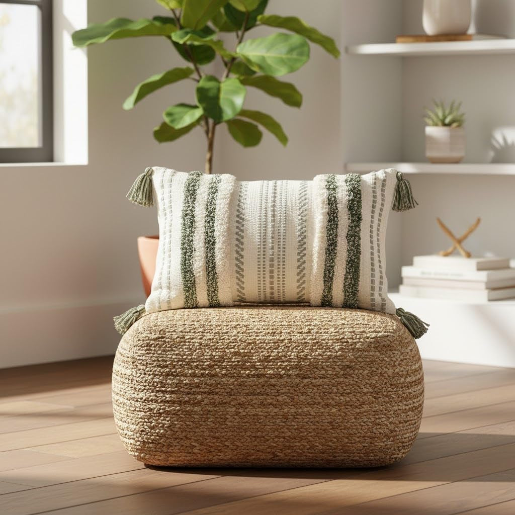 Decorative Boho Throw Pillow Cover 12X20, Lumbar Accent Neutral Textured Tufted Pillow Cover Striped for Couch Bed Sofa, Green and Cream White, Pack of 1