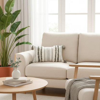 Decorative Boho Throw Pillow Cover 12X20, Lumbar Accent Neutral Textured Tufted Pillow Cover Striped for Couch Bed Sofa, Green and Cream White, Pack of 1